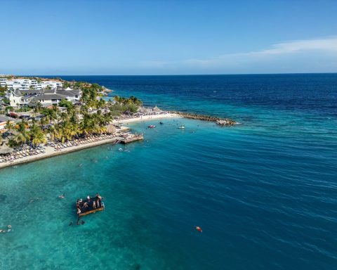 An aerial view of a beach with a boat in the water