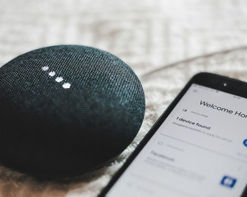 turned-on charcoal Google Home Mini and smartphone