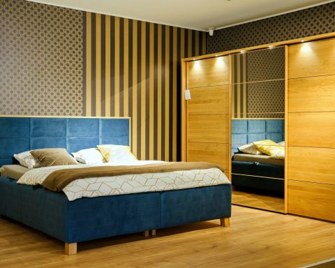 a bedroom with a bed and a closet