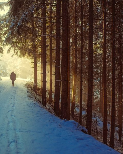 Oudere vrouw in winterkleding geniet van een moment in het zonlicht buiten