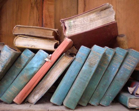 Rij oude boeken op een houten boekenplank