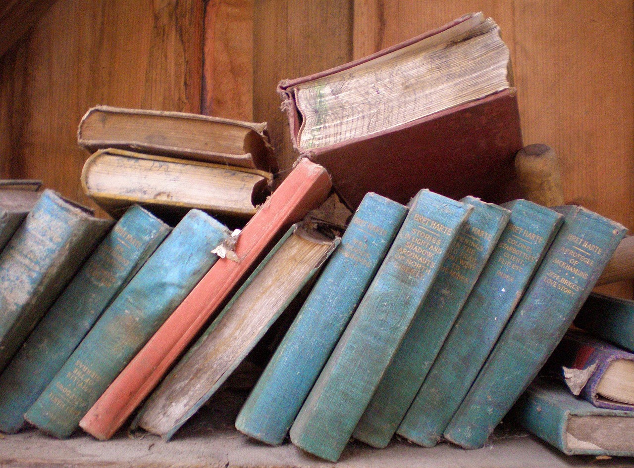 Rij oude boeken op een houten boekenplank